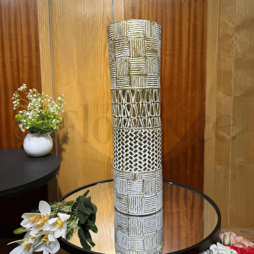 Imported J-Star Antique White & Gold Metal Cylinder Vase – 2.5Ft